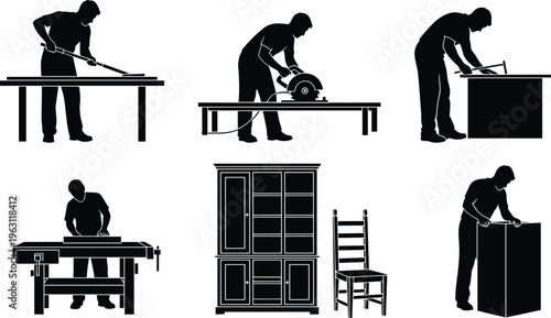 Carpenter silhouettes set working with wood, cutting, measuring and assembling furniture, woodworking tools and craft process illustration isolated on white background