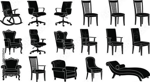 Chair silhouette collection featuring office, dining, armchair, rocking chair, and chaise lounge designs isolated on light background for furniture and interior use