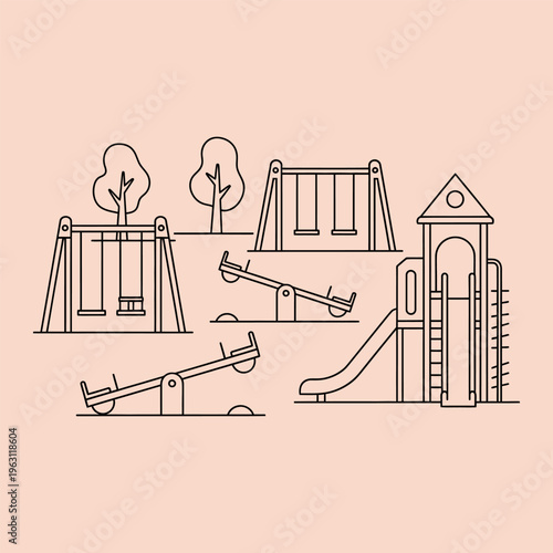 Minimal line of playground equipment on peach background swings slide seesaw climbing frame