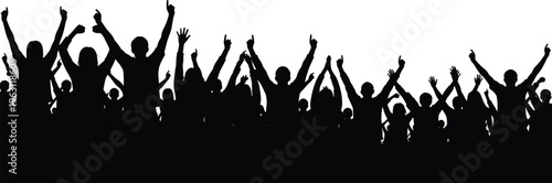 Cheering crowd silhouettes with raised hands, celebration audience group, concert fans or protest rally people illustration isolated on white background