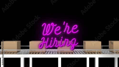 We're Hiring neon text animation over conveyor belt with cardboard boxes
