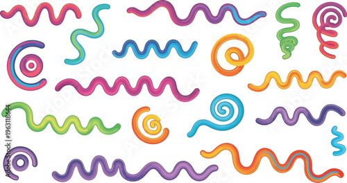 Vibrant collection of colorful wavy lines and spiral shapes, featuring gradients and a playful, cartoonish style on a white background.