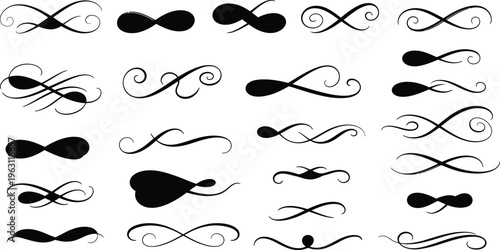 A large collection of black calligraphic flourishes, decorative dividers, and vintage ornaments on a clean white background.