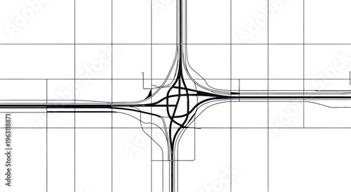 Interchange road junction with multiple lanes and grid background