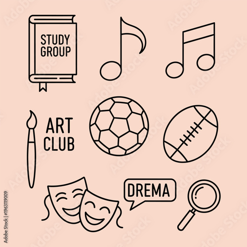 Minimal line of school club line minimal school clubs study group music notes soccer ball