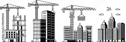 Construction cranes and city buildings silhouettes set, urban development and architecture skyline illustration with high rise structures isolated on white background