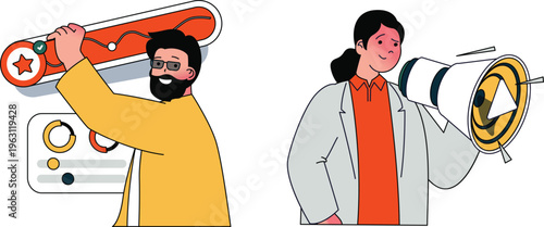 A man and woman using different tools to communicate messages effectively through visual and auditory means