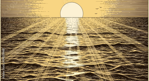Stylized Engraved Illustration of a Golden Ocean Sunset