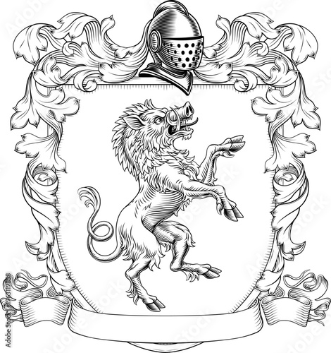 A boar coat of arms or crest family heraldry medieval heraldic animal knight shield. With helmet and acanthus filigree scroll ornament in a vintage woodcut style.