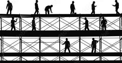 Construction workers on scaffolding silhouette, industrial labor team working at building site, engineering and development concept black vector illustration isolated on white background