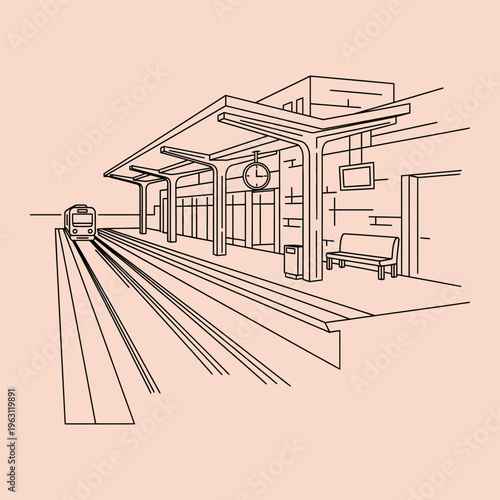 Minimal line of train station with train approaching platform line minimal peach background black lines