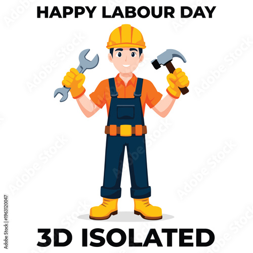 Construction worker holding wrench and hammer, wearing safety helmet and overalls, labor day, happy worker.
