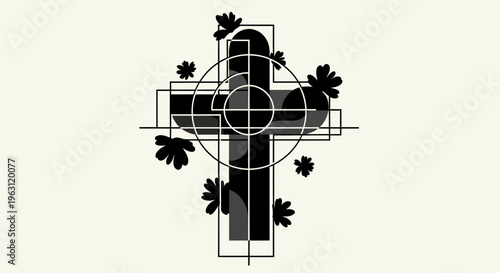 Abstract Christian Cross with Geometric Shapes and Floral Elements.