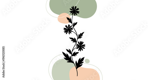 Elegant Black Silhouette of a Delicate Flowering Plant Stem.