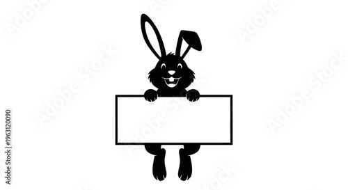 Black silhouette of a cute rabbit holding a blank white sign.