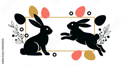 Two black Easter bunnies with colorful eggs and botanical elements in a golden frame.