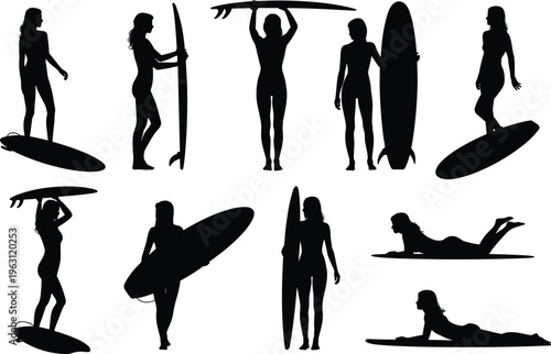 Surfer silhouettes collection, dynamic surfboard poses, standing, paddling, carrying, lifting boards, ocean sport vector illustration design set