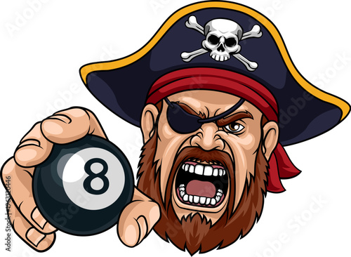 An angry Pirate cartoon character holding billiards pool 8 black ball sports team mascot illustration.
