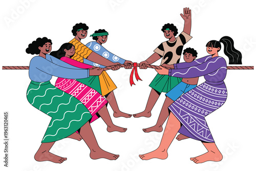 Group of diverse people playing tug of war, celebrating teamwork and traditional games.