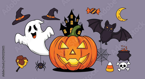 Halloween Elements Set with Jack O Lantern Pumpkin and Spooky Icons