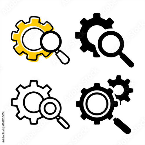 Gears and magnifying glass icons for engineering settings system optimization search tools