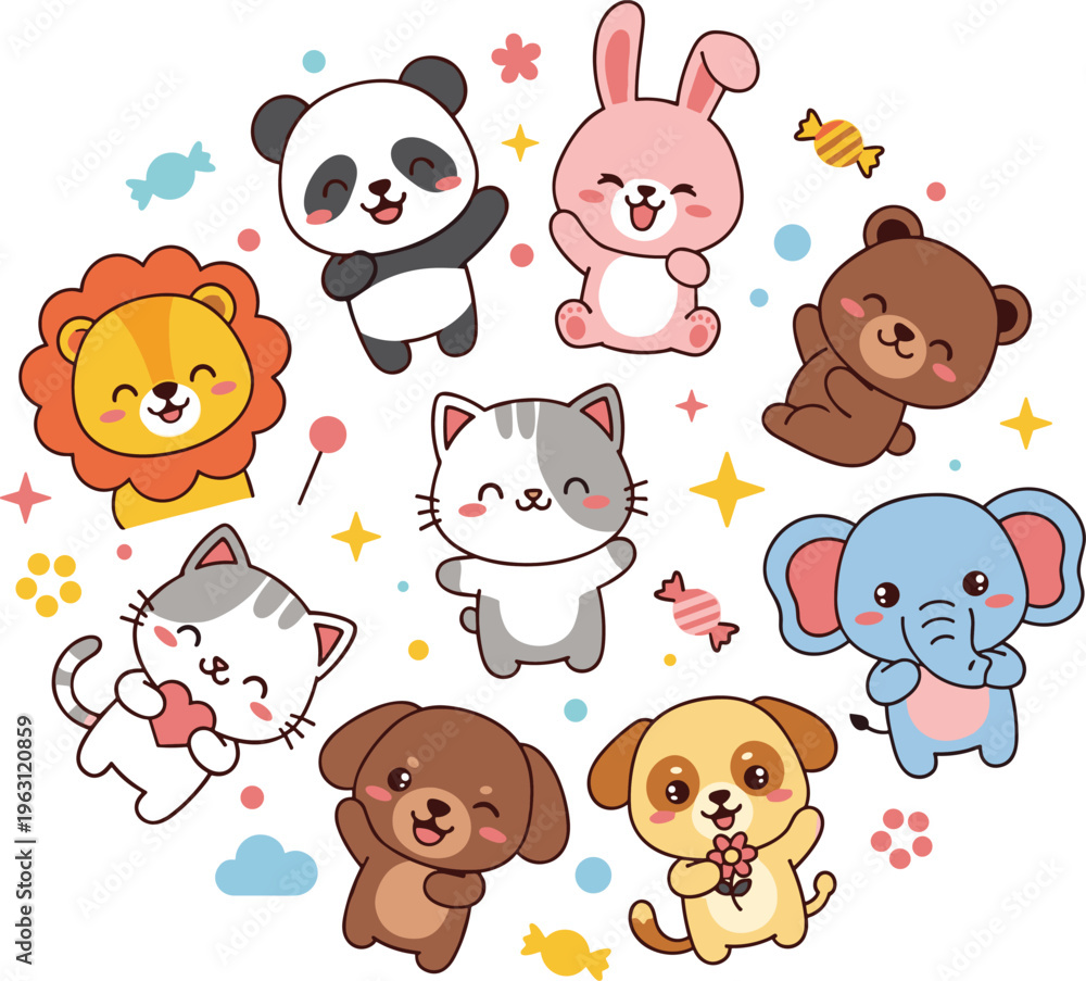 Obraz premium Cute Baby Animal Cartoon Set Featuring Panda Rabbit Bear Cat Dog Elephant and Lion in Playful Flat Style for Kids Design and Illustration Projects.