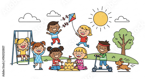 Children playing outside in a park on a sunny day with swings kite sandcastle scooter and dog happy kids enjoying leisure and fun in a green field with trees and clouds