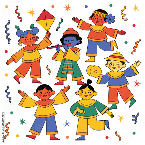 Group of happy children in traditional asian clothing playing and celebrating culture.
