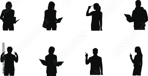 Business people silhouettes set with tablets and presentation gestures, male and female professionals, corporate communication concept isolated on white background
