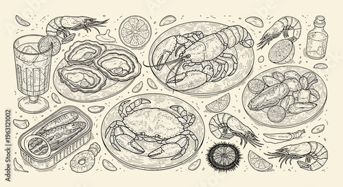 Vintage seafood feast illustration with shellfish fish and lemon