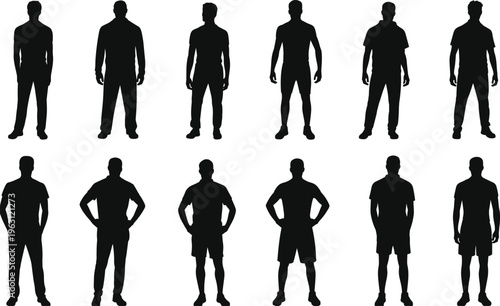 Human silhouettes collection, standing neutral poses, relaxed stances, posture variations, generic people vector illustration design set