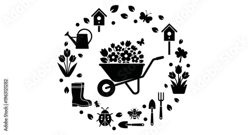 Garden tools and plants arranged in a circular frame.