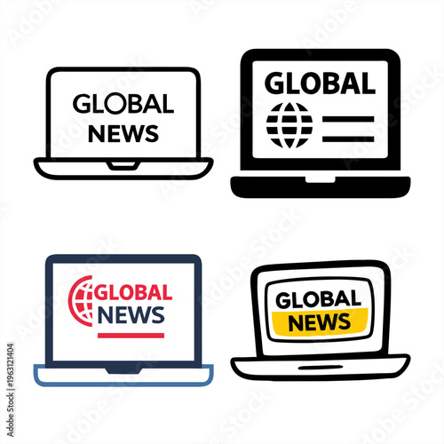 Global news broadcast icons on laptop screens for international news and information services