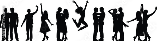 Happy people silhouettes set featuring couples dancing hugging and celebrating joyful moments vector illustration isolated on white background for lifestyle design
