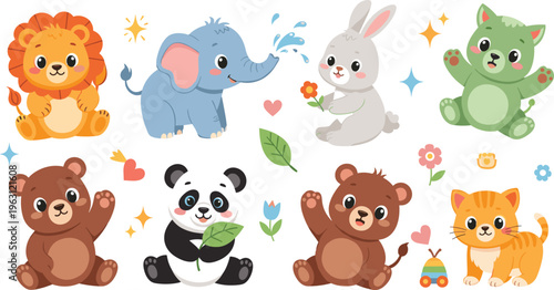 Cute Baby Animal Cartoon Collection Featuring Lion Elephant Rabbit Bear Panda Cat and Puppy in Flat Style for Kids Design and Nursery Illustration Projects.