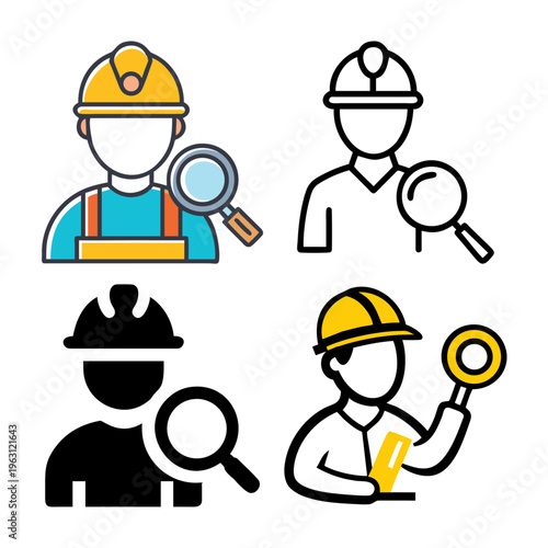 Set of four construction worker icons showing safety helmets tools and search magnifying glasses