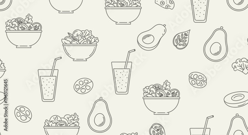 Healthy Food Seamless Pattern with Avocado Salad and Smoothie Line Art