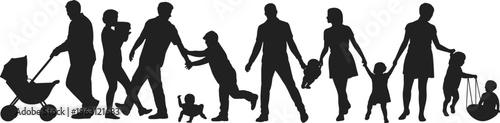 Family silhouettes collection, parents and children activities, stroller, walking, holding hands, caregiving, vector illustration design set