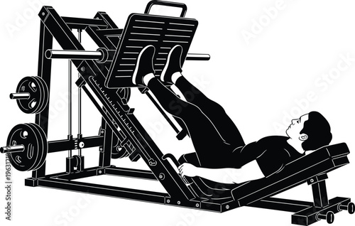 Leg press machine workout silhouette showing athlete performing lower body strength training exercise in gym isolated on white background