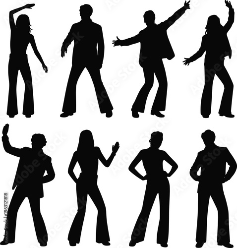 Dance silhouettes collection, expressive standing poses, dynamic arm and leg movements, retro style vector illustration design set