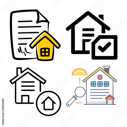 Real estate icons representing contracts documents and houses with a magnifying glass