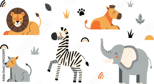 Cute Safari Animal Cartoon Set Featuring Lion Zebra Elephant Hyena and Horse in Flat Style for Kids Wildlife Nature Design and Illustration Projects.