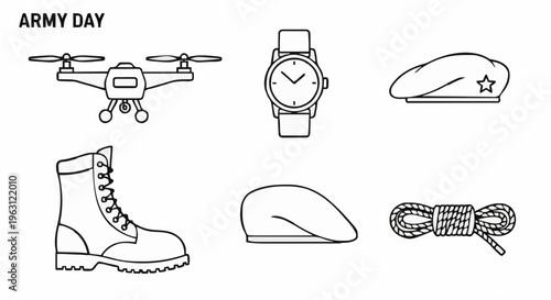 Army Day commemoration icons in simple line style