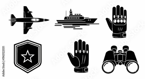 fighter jet, cargo ship, wristwatch hand, shield with star, plain hand, and binoculars
