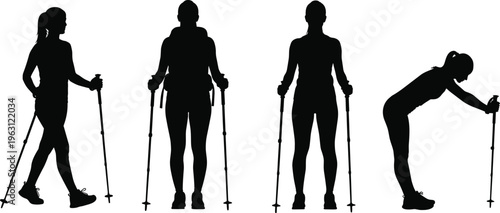 Nordic walking silhouettes collection showing woman using trekking poles for fitness, outdoor activity and healthy lifestyle isolated on white background