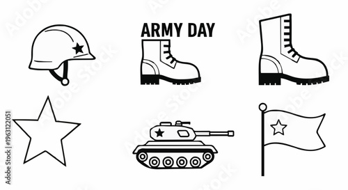 Top view of patriotic Army Day illustration featuring helmet, boots, tank, flag and star symbols arranged in two rows of line drawings