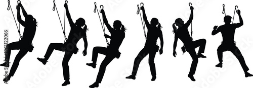 Rock climbing silhouettes set showing rope ascending and rappelling poses, outdoor adventure sport action isolated on white background for training and design use