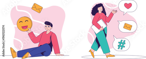 A cheerful person sitting while another walks holding documents and expressing joyful digital communication through emojis and icons