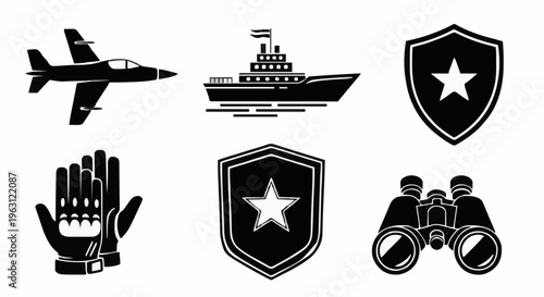Front-view set of six black-and-white icons showing a jet, a ship, two shields, a baseball glove and binoculars arranged in two rows