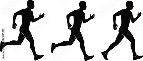 Running man silhouettes set featuring sprinting athlete in motion dynamic fitness exercise vector illustration isolated on white background for sports design